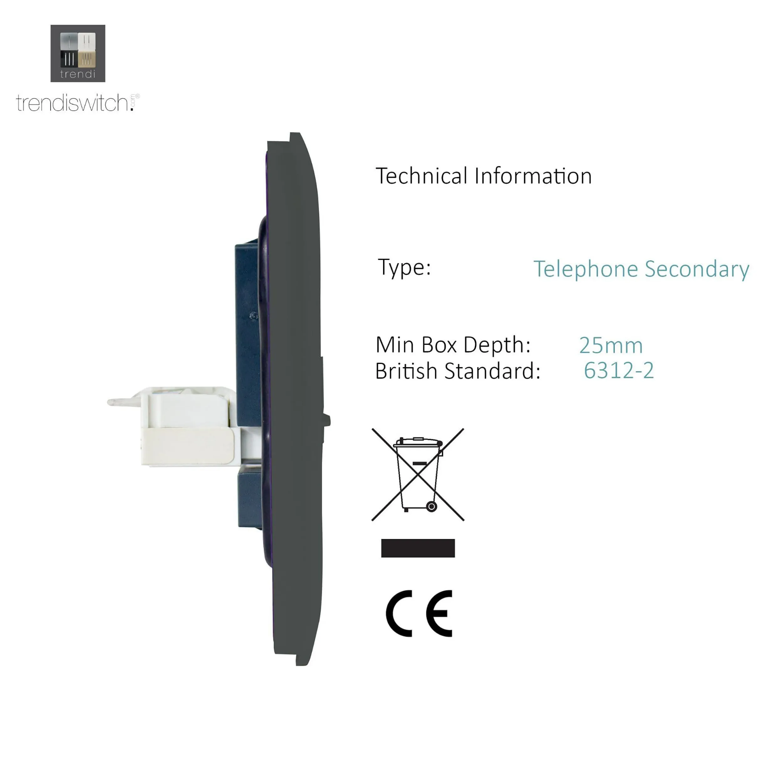 Single PC Ethernet Cat 5 & 6 Data Outlet Charcoal ART-PCCH  Trendi Charcoal